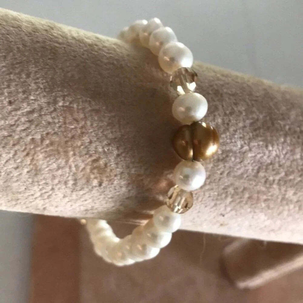 Vintage Bronze White Pearl Swarovski Crystal Sterling Silver Bracelet 7.5 Inch